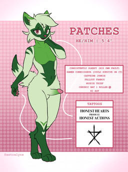 arm_tattoo bangs beanie clothing ear_piercing genitals green_hair hair hand_tattoo hat headgear headwear male pawpads penis piercing pink_eyes pink_nose tattoo text astralynx nintendo pokemon felid feline floragato generation_9_pokemon mammal pokemon_(species) absurd_res english_text hi_res model_sheet