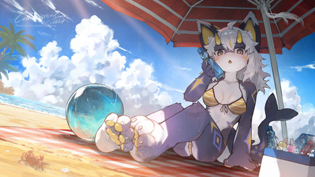 anthro ball beach_ball bra clothing detailed_background female horn inflatable kemono panties pawpads sitting solo umbrella underwear mag_inu aquatic arthropod crab crustacean decapod fish hybrid malacostracan shark absurd_res hi_res