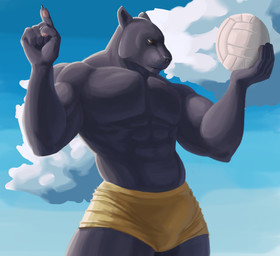 5_fingers abs anthro ball biceps biped bulge claws clothed clothing detailed_bulge finger_claws fingerpads fingers fur genital_outline holding_ball holding_object male male_anthro melanistic muscular muscular_anthro muscular_male outside pawpads pecs penis_outline pink_pawpads solo standing swimwear topless topless_anthro topless_male volleyball_(ball) cashart felid leopard mammal pantherine absurd_res digital_media_(artwork) hi_res