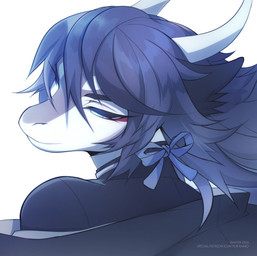 anthro black_clothing black_topwear clothed clothing female female_anthro grey_body grey_hair hair horn mouth_closed narrowed_eyes simple_background solo topwear white_background white_body white_horn unknowhiter mythology dragon mythological_creature mythological_scalie scalie 2024 absurd_res dated hi_res