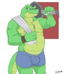 anthro bottomwear bulge clothing cookware eyewear frying_pan glasses green_body kitchen_utensils male nipples shorts simple_background solo tools towel canson crocodile crocodilian reptile scalie 2014