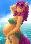 anthro anthrofied belly big_belly big_breasts bikini breasts butt butt_pose clothed clothing cutie_mark day eyebrows eyewear eyewear_on_head female fingers freckles hair hand_behind_head heart_symbol long_hair looking_at_viewer looking_back orange_body outside pose pre-g4 pregnant pregnant_anthro pregnant_female purple_eyes purple_hair sea solo standing sunglasses sunglasses_on_head swimwear tail two-piece_swimsuit water bahnbahn hasbro mlp_g1 my_little_pony my_little_pony_tales bonbon_(mlpt) equid equine horse mammal pony absurd_res hi_res