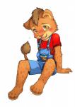 anthro biped blush clothing countershading fur kemono male overalls red_clothing red_shirt red_topwear shirt simple_background sitting solo topwear white_background young young_anthro unrealplace felid feline lion mammal pantherine 2017 hi_res