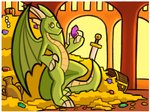 anthro border coin gem gold_(metal) gold_coin gold_hoard green_body green_skin hoard male melee_weapon smile solo sword tail treasure weapon white_border wings eyeball6300_(chiv) european_mythology mythology dragon mythological_creature mythological_scalie scalie western_dragon 4:3 hi_res