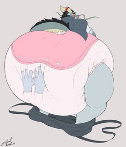annoyed anthro big_diaper bottomwear bottomwear_down clean_diaper clothed clothing diaper diaper_squish huge_diaper jacket male obese onesie onesie_open onesie_undone open_onesie overweight pants pants_down partially_clothed rear_view snapsuit solo suspenders topwear steelshark mythology dragon mythological_creature mythological_scalie scalie absurd_res hi_res