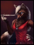 anthro black_body black_fur blue_eyes breasts cleavage clothed clothing dress female fluffy fluffy_tail fur hair knife looking_at_viewer smile solo tail whiskers white_body white_fur white_hair amber_hill tymid canid canine fox mammal