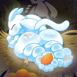 anthro bed big_butt bodily_fluids butt cuddling cum ejaculation feet food foot_fetish foot_focus foot_play footjob fruit furniture genital_fluids group hug humanoid_feet lying lying_on_bed lying_on_butt macro male micro on_bed on_front oversized_footjob plant plantigrade sex sleeping thick_thighs toejob toes electricsnowfox microsoft ori_(series) xbox_game_studios ori_(ori) ych_(character) guardian_spirit spirit hi_res