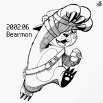 ambiguous_gender anthro backwards_hat bandai_namco bearmon belt claws clothing digimon digimon_(species) fist hat headgear headwear kokofuyu148655 leather leather_strap line_art pawpads punch simple_background solo straps white_background