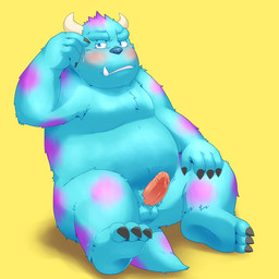 anthro balls belly biped blue_eyes erection genitals horn humanoid_genitalia humanoid_hands humanoid_penis male moobs overweight overweight_anthro overweight_male penis simple_background sitting solo yellow_background penta002 disney monsters_inc pixar sulley monster 1:1 2015
