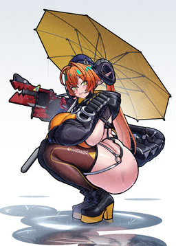 2_horns ahoge big_breasts big_butt black_clothing black_footwear black_horn black_jacket black_shoes black_tail black_topwear blue_clothing blue_hat blue_headwear blush blush_lines bra breasts brown_clothing brown_legwear brown_thigh_highs butt clothing crouching curled_horn duo female footwear glistening glistening_body glistening_skin green_eyes hair hat headgear headwear high_heels holding_object holding_umbrella hood hood_down horn huge_breasts huge_butt humanoid_pointy_ears jacket legwear living_tail long_ears long_hair long_sleeves looking_at_viewer not_furry orange_bra orange_clothing orange_hair orange_underwear pointy_ears puddle pupils raining red_pupils red_tail reflection shoes side_boob side_view simple_background smile smiling_at_viewer tail teal_eyes thick_thighs thigh_highs topwear twintails_(hairstyle) umbrella underwear unusual_anatomy unusual_tail wet wet_body wet_skin white_background yellow_sclera mold_(pixiv6616319) mihoyo zenless_zone_zero magus_(zenless_zone_zero) orphie_magnusson chimera chimera_humanoid horned_humanoid humanoid tailed_humanoid 2026 absurd_res digital_drawing_(artwork) digital_media_(artwork) full-length_portrait hi_res portrait
