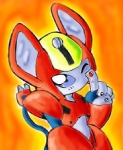 cord feline_ears female grey_eyes machine one_eye_closed orange_background red_body simple_background solo wink madeenchan medabots peppercat_(medabots) peppercat robot low_res