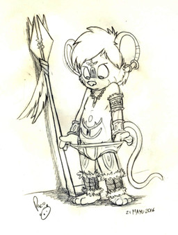 anthro belly belly_markings briefs clothed clothing ear_piercing ear_ring facial_markings head_markings jewelry leg_markings male male_anthro markings melee_weapon mouth_closed necklace piercing polearm ring_piercing simple_background solo spear standing topless underwear weapon young young_anthro young_male pandapaco chopper_atbong mammal mouse murid murine rodent 2016 dated hi_res monochrome signature sketch