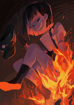bangs black_eyes black_hair blunt_bangs bob_cut bottomwear clothed clothing fangs female fire floating_head footwear grin hair hat headgear headwear not_furry shirt simple_background sitting skirt smile solo teeth toothy_grin topwear tusks white_body usagimarumei ena:_dream_bbq ena_(series) unnamed_(ena) ena_(species) humanoid mammal digital_media_(artwork) hi_res