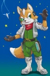 anthro arwing belt black_nose boots brown_body brown_fur clothing footwear fur gloves green_eyes handwear jacket male scarf shoes solo space topwear white_body white_fur aki_(artist) nintendo star_fox fox_mccloud canid canine fox mammal 2016