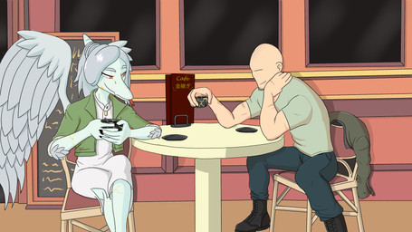 anthro bald beverage biped blue_body boots bottomwear chair clothed clothed_anthro clothed_female clothed_human clothed_male clothing container crossed_legs cup denim denim_bottomwear denim_clothing dress duo elbow_feathers facial_hair feathered_wings feathers female fingers footwear furniture green_clothing green_jacket green_topwear grey_body grey_feathers grey_hair hair half-closed_eyes happy holding_container holding_cup holding_mug holding_object human_on_anthro humanoid_hands inside interspecies jacket jeans long_hair looking_at_another male male/female mug muscular muscular_human muscular_male narrowed_eyes open_clothing open_jacket open_topwear orange_eyes pants pink_clothing pink_dress shoes sitting smile table tea text topwear wings areloch cavemanon_studios goodbye_volcano_high ko_op_(game_developer) snoot_game anon_(snoot_game) fang_(gvh) human mammal prehistoric_species pterodactylus pterosaur reptile scalie 16:9 2024 4k absurd_res colored english_text hi_res japanese_text shaded widescreen
