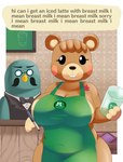 anthro apron apron_only blush blush_stickers breasts chalkboard clothed clothing container cup curvy_figure dialogue_box dual_holding duo eyewear female fully_clothed glasses green_apron green_clothing holding_container holding_cup holding_object holding_pen holding_writing_utensil information_board looking_at_viewer male maple_leaf marker mostly_nude pen public repeated_text side_boob text voluptuous writing_utensil aerth animal_crossing i_mean_breast_milk nintendo brewster_(animal_crossing) maple_(animal_crossing) avian bear bird columbid mammal pigeon absurd_res digital_media_(artwork) english_text hi_res meme shaded