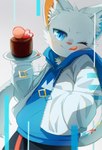 anthro blue_eyes bottomwear cake clothing dessert food hand_in_pocket holding_object hoodie inner_ear_fluff looking_at_viewer male one_eye_closed plate pockets solo tongue tongue_out topwear tuft naegi domestic_cat felid feline felis mammal 2022 absurd_res hi_res