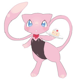 ambiguous_gender black_clothing black_leotard blue_eyes blush blush_lines bodily_fluids bow_tie cake cake_slice clothing dessert feet feral floating food latex leotard long_tail open_mouth pink_body pink_tail plate red_bow_tie simple_background solo sweat sweatdrop tail white_background white_sclera yakiniku628 nintendo pokemon generation_1_pokemon legendary_pokemon mew_(pokemon) pokemon_(species) 2026 colored hi_res
