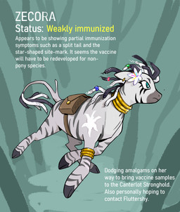 cloven_hooves dreadlocks facial_markings female feral flower head_markings hooves markings muzzle_(marking) neck_ring plant scar snout solo striped_body stripes tail tail_tuft text tuft cracklewink friendship_is_magic hasbro infection_au my_little_pony zecora_(mlp) equid equine mammal sleigh_pony_(cracklewink) zebra absurd_res english_text hi_res
