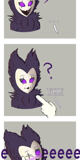 anthro asphyxiation blush choking duo feathers feet fur gesture hand_gesture hand_on_neck looking_down male male/male mask pointing pointing_at_another purple_body purple_eyes purple_feathers question_mark screaming talon_hands talons text toes white_body white_fur ydrials avian bird canid canine canis mammal owl owl_demon wolf absurd_res bust_portrait english_text hi_res portrait