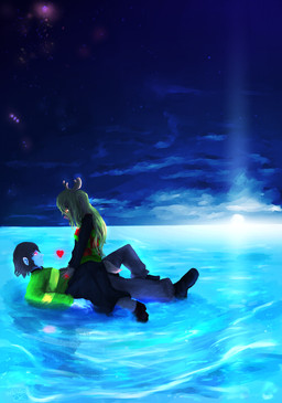 anthro clothing duo female glowing looking_at_another male on_ground on_top on_top_of_another sea sky star starry_sky water mr.foxman deltarune undertale_(series) kris_dreemurr noelle_holiday deer human mammal absurd_res hi_res