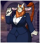 anthro big_breasts big_butt blush bottomwear breasts brown_hair business_attire business_suit butt clothing ear_piercing ear_ring fangs female gesture goat_ears hair horizontal_pupils horn pawpads pencil_skirt piercing pupils ring_piercing scorpion_tail skirt smile smiling_at_viewer solo suit teeth thick_thighs top_heavy waving waving_at_viewer wide_hips zerosenpie dungeon_flippers iranian_mythology middle_eastern_mythology mythology maulie_(dungeon_flippers) felid mammal manticore hi_res