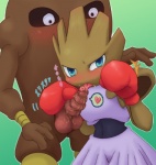 balls blue_eyes blush bodily_fluids bottomwear boxing_gloves clothed clothing cum duo erection generation_1_pokemon genital_fluids genitals gloves green_background handwear heart_symbol high_score_(artist) hitmonchan hitmonlee humanoid japanese_text kemono licking looking_at_viewer male male/male nintendo penis pokemon pokemon_(species) simple_background skirt spiral_penis text tongue tongue_out unusual_anatomy unusual_genitalia unusual_penis what