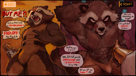 angry anthro armpit_hair bodily_fluids body_hair brown_body brown_fur bulge clothing dialogue front_view fur genital_fluids jumpsuit male muscular muscular_anthro muscular_male precum precum_through_clothing seductive solo speech_bubble sweat text tight_clothing tongue tongue_out wet wet_clothing whiskers fanofthefurr guardians_of_the_galaxy marvel rocket_raccoon mammal procyonid raccoon absurd_res english_text hi_res