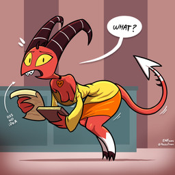 anthro areola bent_over braces breasts buckteeth clothed clothing dialogue exposed_breasts female hooves horn nipples oblivious open_mouth red_body solo spade_tail speech_bubble tail teeth wardrobe_malfunction yellow_eyes theenfman nina_(theenfman) imp 1:1 hi_res