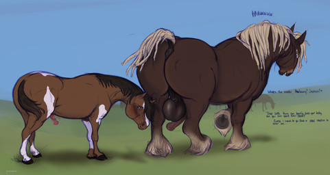 animal_genitalia animal_penis anus balls big_balls big_penis butt duo equine_anus equine_genitalia equine_penis erection feral genitals hooves huge_balls larger_male male male/male penis presenting presenting_hindquarters saggy_balls size_difference small_penis smaller_male teasing ponie666 draft_horse equid equine horse mammal absurd_res hi_res
