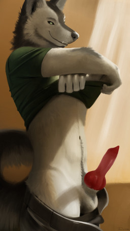 animal_genitalia animal_penis anthro balls black_body black_fur bottomwear canine_genitalia canine_penis clothing erection fur genitals knot knotted_penis looking_at_viewer male pants penis shirt smile solo tail topwear undressing undressing_self white_body white_fur djano canid canine canis mammal wolf 9:16 hi_res