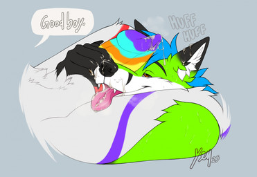 anthro bodily_fluids body_hair body_worship breath cum cum_drip cum_on_ear cum_on_face cum_on_tongue devotion dripping duo fur genital_fluids genital_worship genitals good_boy green_body green_fur hand_on_penis happy_trail heat_(temperature) male male/male messy multicolored_penis panting penile penis penis_on_face penis_worship praise pubes rainbow_penis speech_bubble tongue tongue_out rentalgf canid canine canis fox mammal wolf hi_res