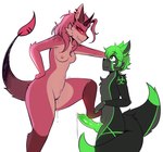 2_tails 4_eyes alternate_species anthro blush bodily_fluids cornered dominant dominant_female dripping dripping_pussy duo ear_piercing female fur genital_fluids genitals green_body green_fur green_hair green_penis grey_body grey_fur hair horn larger_female leaking_precum male male/female multi_eye multi_tail nude nude_anthro nude_female penis piercing pink_body pink_fur pink_hair precum size_difference smile tail giidenuts mythology carrie_(giidenuts) canid canine canis demon mammal mythological_canine mythological_creature werecanid werecanine werecreature werewolf wolf hi_res