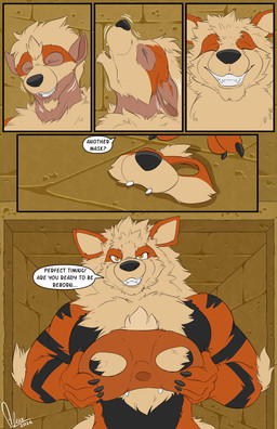 5_fingers after_transformation anthro arm_tuft biped black_body black_claws black_fur black_markings black_nose black_stripes broad_shoulders cheek_tuft chest_tuft chin_tuft claws dialogue ears_back elbow_tuft facial_tuft fangs finger_claws fingers fur growth happy head_back head_tuft holding_mask holding_object human_to_anthro inside looking_at_viewer male mane markings mid_transformation motion_lines multicolored_body multicolored_fur muscular muscular_anthro muscular_male neck_tuft nude nude_anthro nude_male offering_to_viewer open_mouth orange_body orange_eyes orange_fur pivoted_ears pupils reaching_for_object ruins shadow sharp_teeth slit_pupils smile snout snout_growth solo species_transformation speech_bubble standing stripes tan_body tan_fur teeth text toothy_smile transformation transformative_mask tuft spirit_dancer nintendo pokemon macdaracc arcanine generation_1_pokemon human mammal pokemon_(species) comic english_text flat_colors hi_res signature