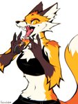 anthro black_pawpads bottomwear cheek_piercing clothing crop_top fangs female flossing fur midriff navel open_mouth orange_body orange_fur pawpads piercing pupils shirt simple_background slim slit_pupils solo tail teeth tongue topwear white_background white_body white_fur falvie the_fox_(falvie) canid canine fox mammal 2020 3:4 digital_media_(artwork) half-length_portrait hi_res portrait