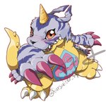 9999_td animal_skin anthro bandai_namco belly belly_markings claws digimon digimon_(species) fur gabumon hi_res horn male markings red_eyes slightly_chubby solo striped_body striped_fur stripes yellow_body