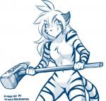 antenna_hair anthro banhammer breasts casual_nudity chest_tuft featureless_breasts featureless_crotch female fur hair hammer holding_object holding_weapon licking licking_lips licking_own_lips looking_aside navel nude self_lick simple_background sledgehammer small_breasts smile smirk solo striped_body striped_fur stripes tail tongue tongue_out tools tuft weapon white_background conditional_dnp tom_fischbach twokinds flora_(twokinds) felid keidran mammal pantherine tiger 2019 adobe_photoshop_(artwork) alternate_version_at_source blue_and_white digital_media_(artwork) hi_res monochrome sketch