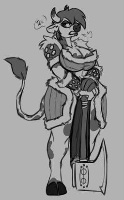 anthro axe breasts clothed clothing dialogue_box female fur hair holding_object holding_weapon horn melee_weapon multicolored_body multicolored_fur muscular muscular_anthro muscular_female open_mouth simple_background solo teeth two_tone_body two_tone_fur weapon hijackerdraws bovid bovine cattle mammal hi_res monochrome