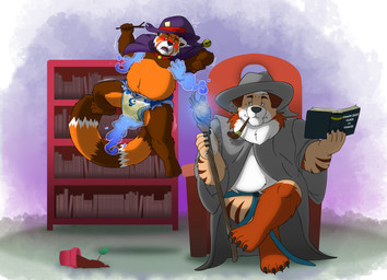 anthro bodily_fluids book diaper disembodied_hand duo genital_fluids ghost_hand magic magic_user male male/male unclean_diaper urine used_diaper wet_diaper leoniro_the_inklion ailurid canid canine canis domestic_dog mammal red_panda absurd_res hi_res