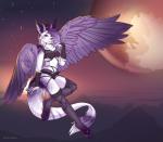 4_toes 5_fingers anthro clothed clothing detailed_background eyebrows eyelashes feathered_wings feathers feet female fingers hair horn legwear moon night outside purple_body purple_eyes purple_feathers purple_hair sky smile solo star starry_sky stockings toes wings free-opium felid feline hybrid mammal digital_media_(artwork) shaded