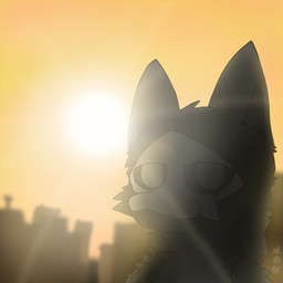 ambiguous_gender anthro black_body black_fur bone_mask city fur light mask orange_sky ruins sky standing sun sunrise white_eyes wolfchengchibai changed_(video_game) puro_(changed) canid canine canis goo_creature mammal wolf 1:1 hi_res