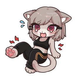 4_fingers 4_toes accessory anthro barefoot black_clothing black_nose blush bodily_fluids bottomwear breasts chibi claws clothed clothing crying fangs feet female female_anthro fingers fur green_hair grey_body grey_fur hair hair_accessory hairclip inner_ear_fluff midriff open_mouth pain pawpads paws pink_pawpads simple_background sitting soles solo spiral spiral_eyes spread_toes sweat tail tears teeth text toe_claws toes tongue topwear tuft white_background workout_clothing koto0v0haru domestic_cat felid feline felis mammal digital_media_(artwork)
