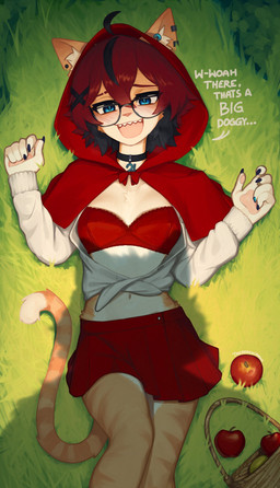 ahoge anthro bird's-eye_view blouse blush bottomwear bra breasts clothed clothed_anthro clothed_female clothing dialogue eyewear female female_anthro fur glasses hair high-angle_view hood looking_at_viewer lying navel on_back open_mouth shadow sharp_teeth skirt small_breasts solo tail talking_to_viewer teeth text topwear underwear wearing_glasses yoako fairy_tales little_red_riding_hood_(copyright) aeiou_(yoako) little_red_riding_hood domestic_cat felid feline felis mammal 2025 absurd_res digital_media_(artwork) english_text hi_res