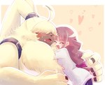 anthro blush duo female fur hair hair_over_eyes heart_symbol hug long_ears male ponytail_ears yellow_body yellow_fur runapiero00 bandai_namco digimon digimon_ghost_game angoramon_(ghost_game) ruri_tsukiyono angoramon digimon_(species) human lagomorph leporid mammal rabbit hi_res