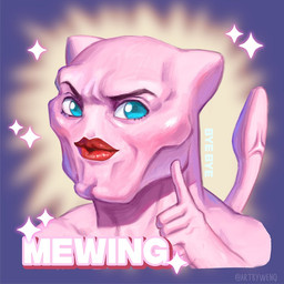 ambiguous_gender anthro bald blue_eyes jawline lips looking_at_viewer noseless pink_body pink_skin red_lips simple_background smile solo sparkling_background tail text veiny_tail what artbywenq lightskin_stare mewing_(meme) nintendo pokemon felid generation_1_pokemon legendary_pokemon mammal mew_(pokemon) pokemon_(species) shaded