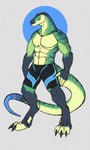 3:5 anthro clothed clothing daxl_(daxlmonitor) daxlmonitor digitigrade hi_res lizard long_tail male monitor_lizard muscular partially_clothed reptile scalie smile solo swimming_trunks swimwear tail tapering_tail