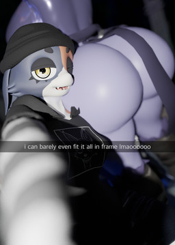 anthro beanie big_butt butt butt_focus caption clothing duo fangs female female/female half-closed_eyes hat head_on_butt headgear headwear huge_butt latex leg_grab looking_at_viewer narrowed_eyes nuzzling open_mouth purple_body selfie smile teeth text thick_thighs thigh_grab shimshimakaze lustfuldragon_(modeler) seriuswolf_(modeler) wallimog_(modeler) epic_games fortnite snapchat meow_skulls raven_team_leader bear calico_cat domestic_cat felid feline felis mammal absurd_res english_text hi_res