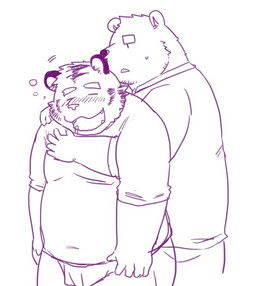 anthro bottomwear clothing drunk duo eyes_closed hug kemono male overweight overweight_male pants shirt simple_background substance_intoxication topwear white_background kick_(artist) bear felid mammal pantherine tiger 2010