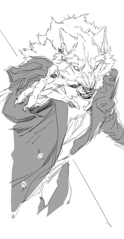 5_fingers anthro black_nose button_(fastener) cheek_tuft claws clothed clothing coat facial_tuft fingers fur looking_at_viewer male no_irises open_mouth pawpads raised_hand shirt simple_background snarling solo teeth topwear trenchcoat tuft white_background yoshi.kaoru canid canine canis mammal wolf black_and_white half-length_portrait hi_res monochrome portrait sketch
