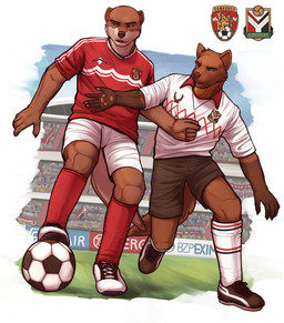 anthro ball black_clothing black_footwear black_shoes blocking bottomwear brown_body brown_bottomwear brown_clothing brown_fur brown_shorts clothed clothed_anthro clothed_male clothing crowd detailed_background duo eyebrows fictional_flag fictional_soccer_club flag flag_(object) foot_on_ball footwear fur group looking_at_another looking_down male pattern_clothing playing_sport red_clothing red_shirt red_topwear shirt shoes shorts sky soccer soccer_ball soccer_club_badge soccer_field soccer_jersey socks sport stadium tail topwear white_body white_bottomwear white_clothing white_footwear white_fur white_shirt white_shoes white_shorts white_topwear nakamudra gulonine mammal marten mustelid musteline otter 2025 digital_drawing_(artwork) digital_media_(artwork) hi_res signature